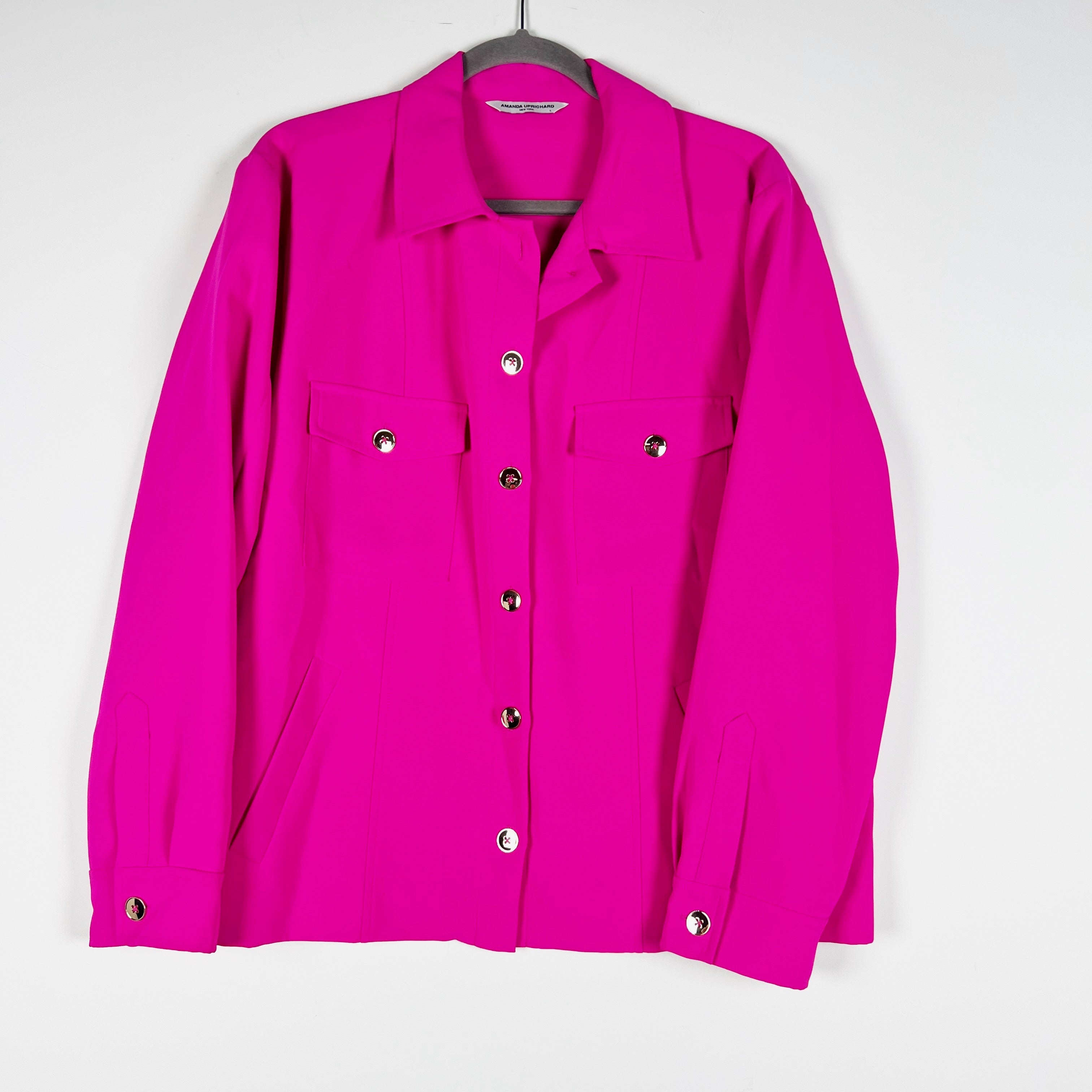Amanda Uprichard Women's Veda Collared Gold Button Down Jacket Shirt Hot Pink L