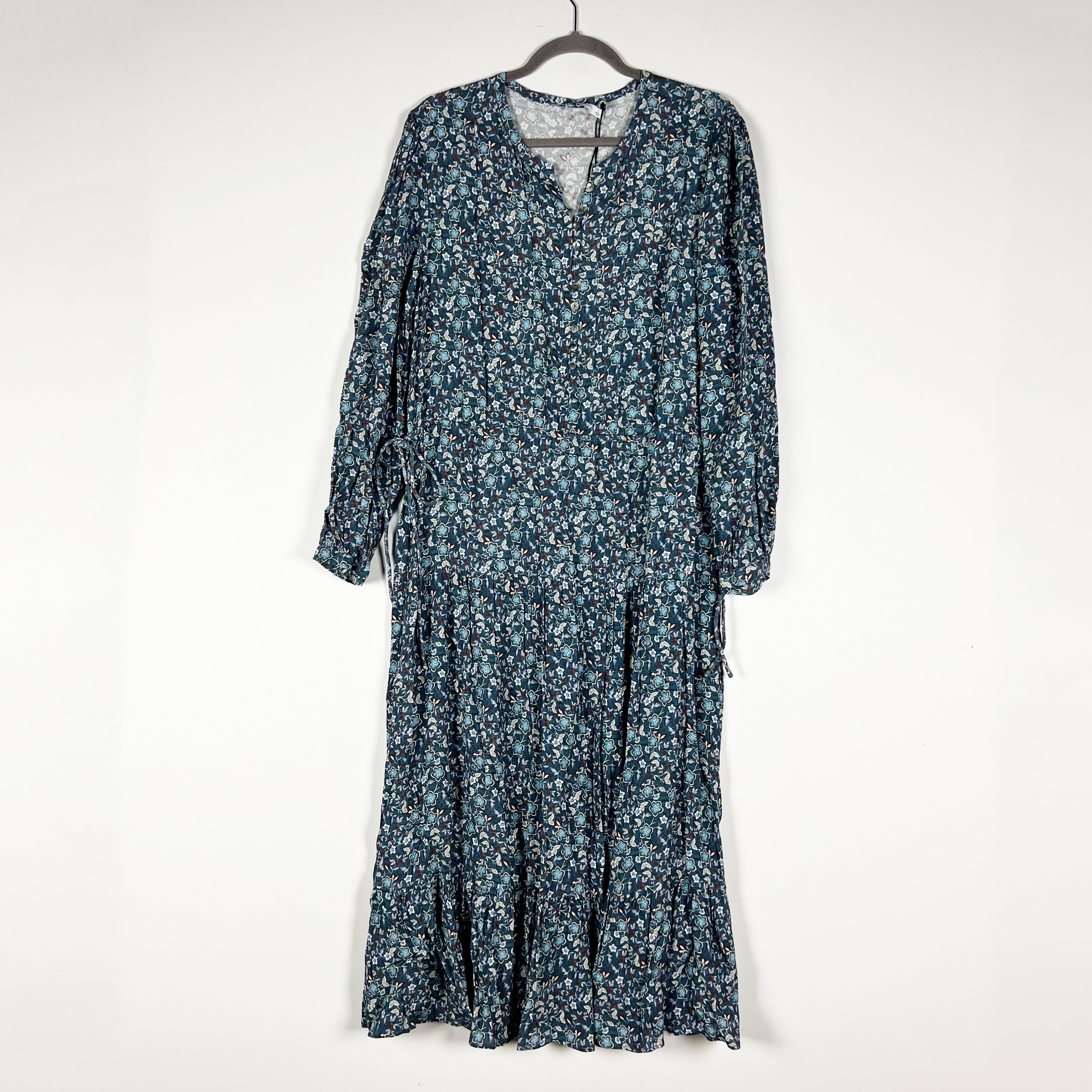 NEW Rebecca Minkoff Esme Tie Waist V Neck Long Sleeve Midi Dress Teal Multi L