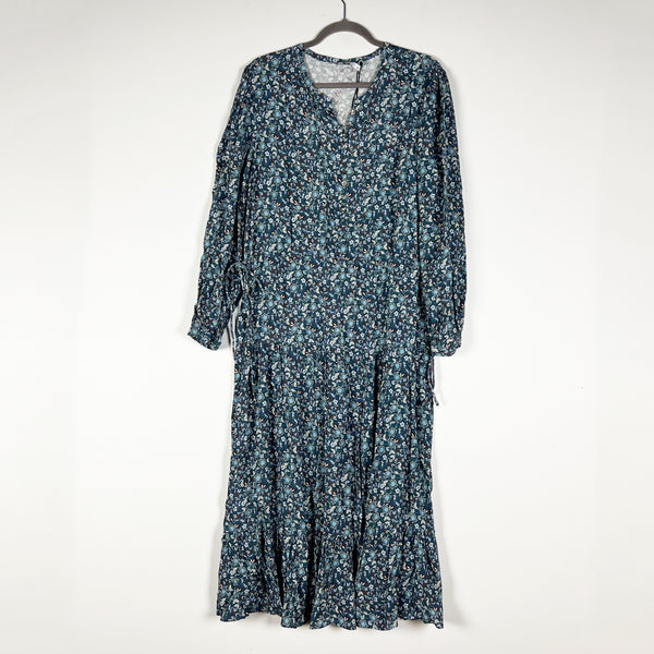 NEW Rebecca Minkoff Esme Tie Waist V Neck Long Sleeve Midi Dress Teal Multi L