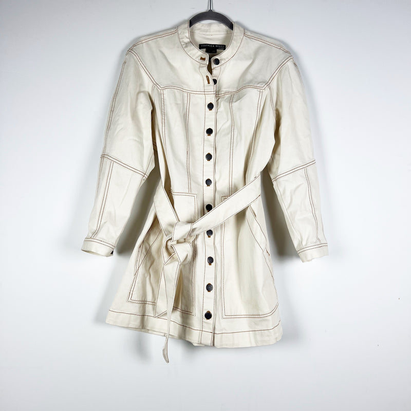 Veronica Beard Basia Cotton Stretch Denim Button Down Belted Mini Dress Ecru 14