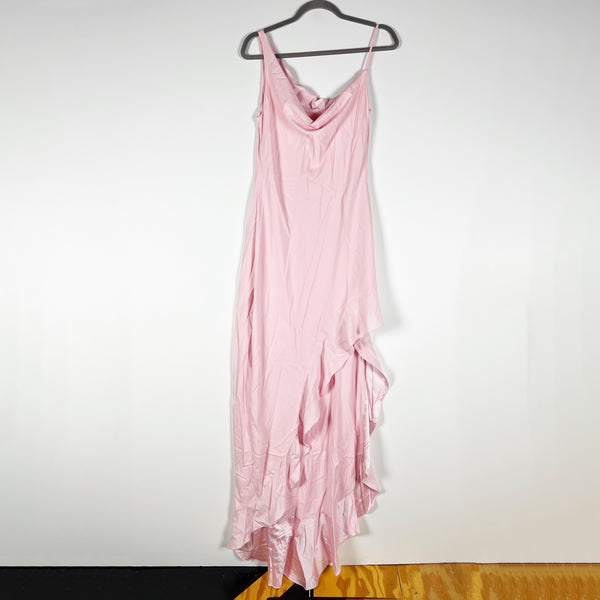 Azeeza Daphne Charmeuse Silk Ruffle Asymmetrical Hem Slip Dress Gown Tea Pink L