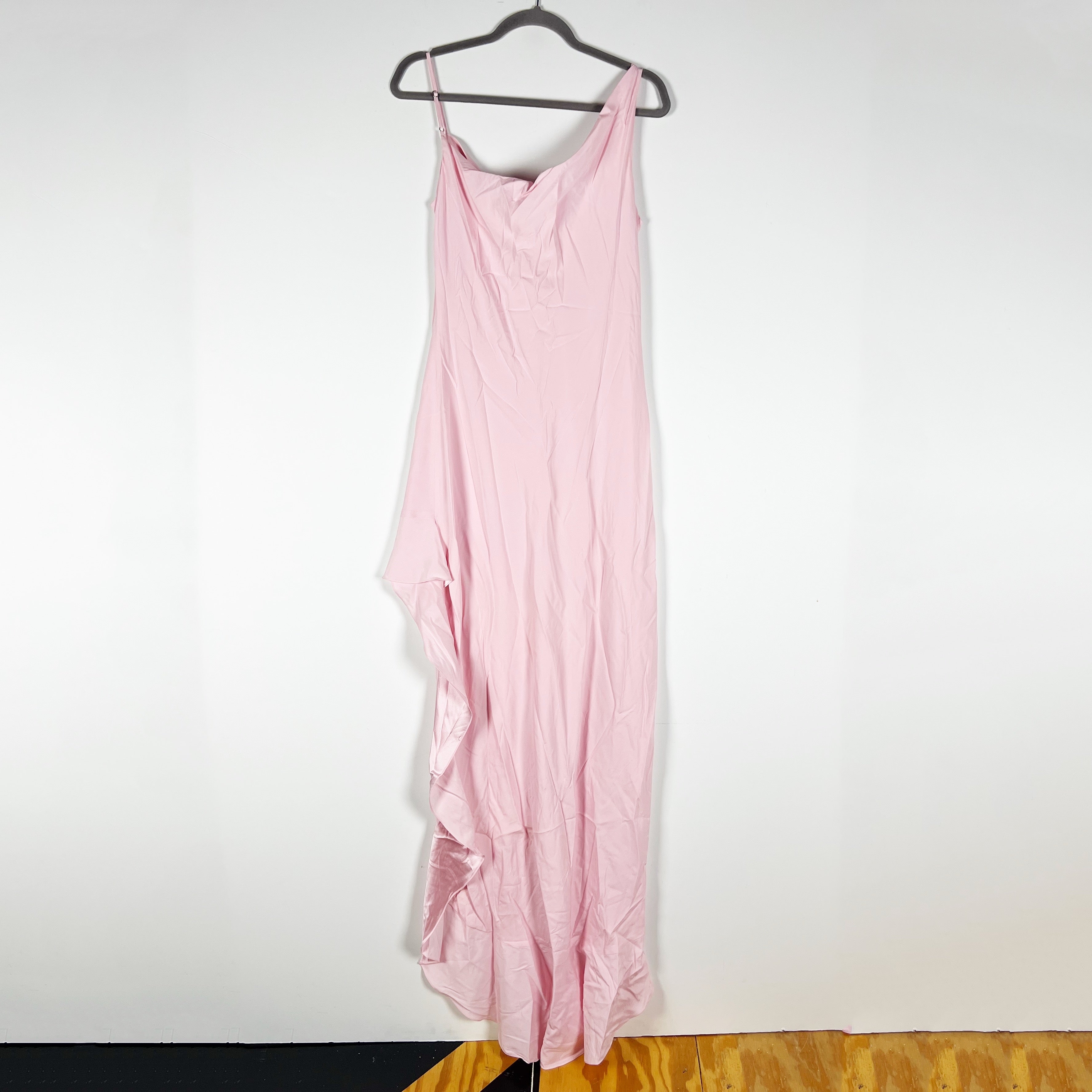 Azeeza Daphne Charmeuse Silk Ruffle Asymmetrical Hem Slip Dress Gown Tea Pink L