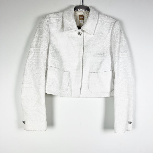 Hugo Boss Women's Cotton Blend Textured Crystal Jewel Button Cropped Jacket 14