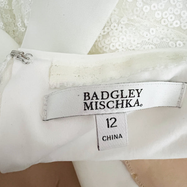 Badgley Mischka White Sequin Tuxedo Sleeveless Halterneck Gown Dress White 12