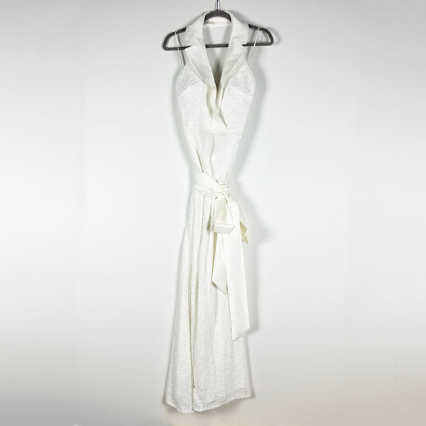 Badgley Mischka White Sequin Tuxedo Sleeveless Halterneck Gown Dress White 12