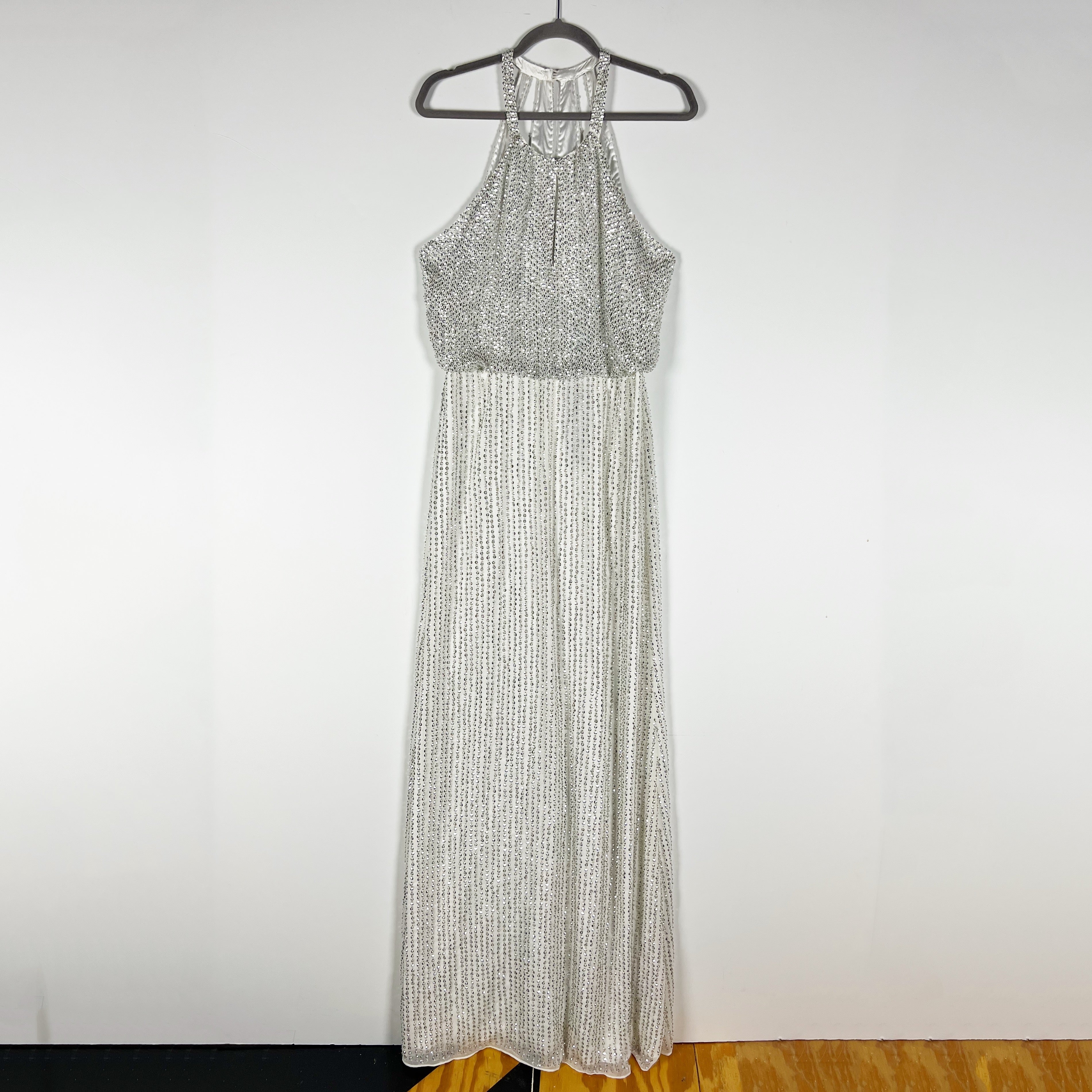 NEW Parker Lita Halter Keyhole Sequin Beaded Embellished Gown Dress Silver White