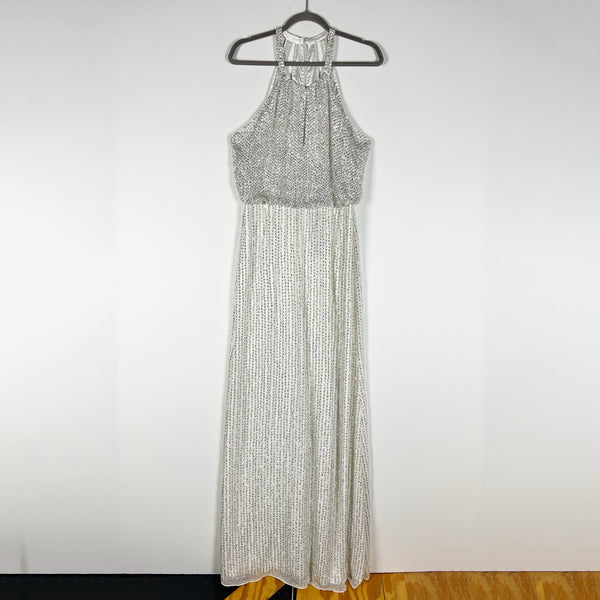 NEW Parker Lita Halter Keyhole Sequin Beaded Embellished Gown Dress Silver White