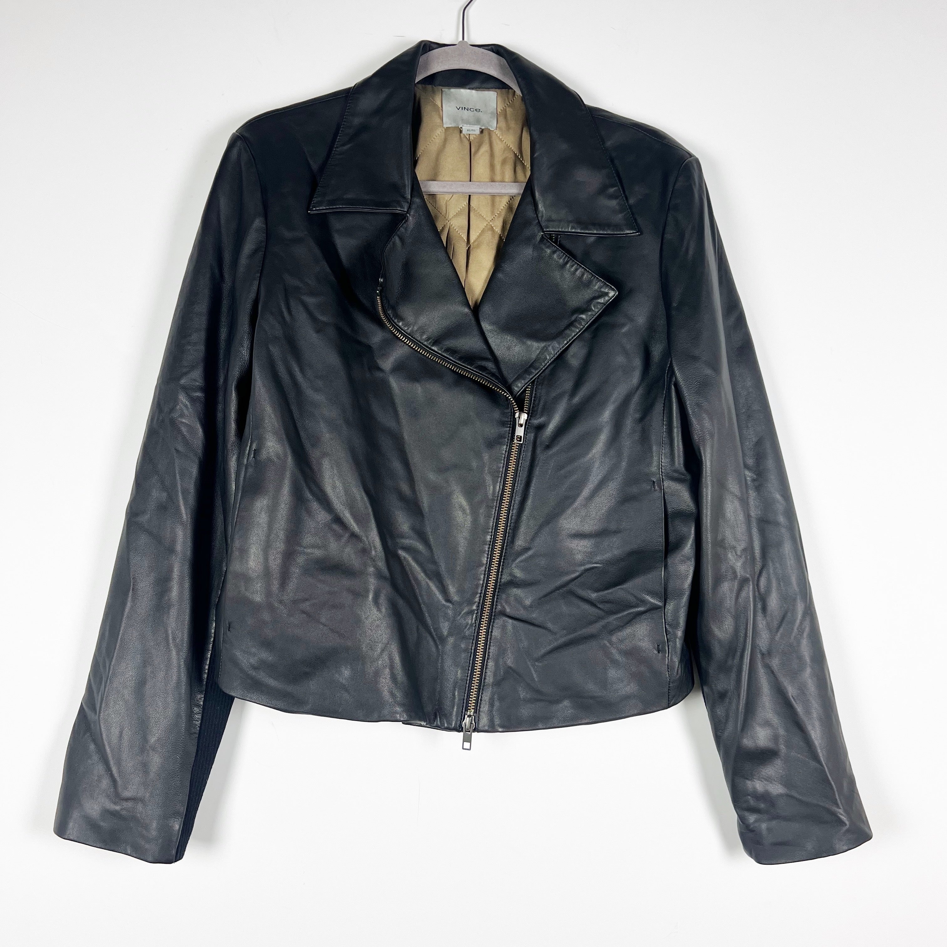 Vince Women's Leather Cross Front Moto Genuine Leather Collared Jacket Black XL