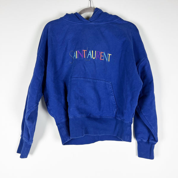 Saint Laurent Women's Cotton Spell Out Logo Embroidered Hoodie Sweatshirt Blue