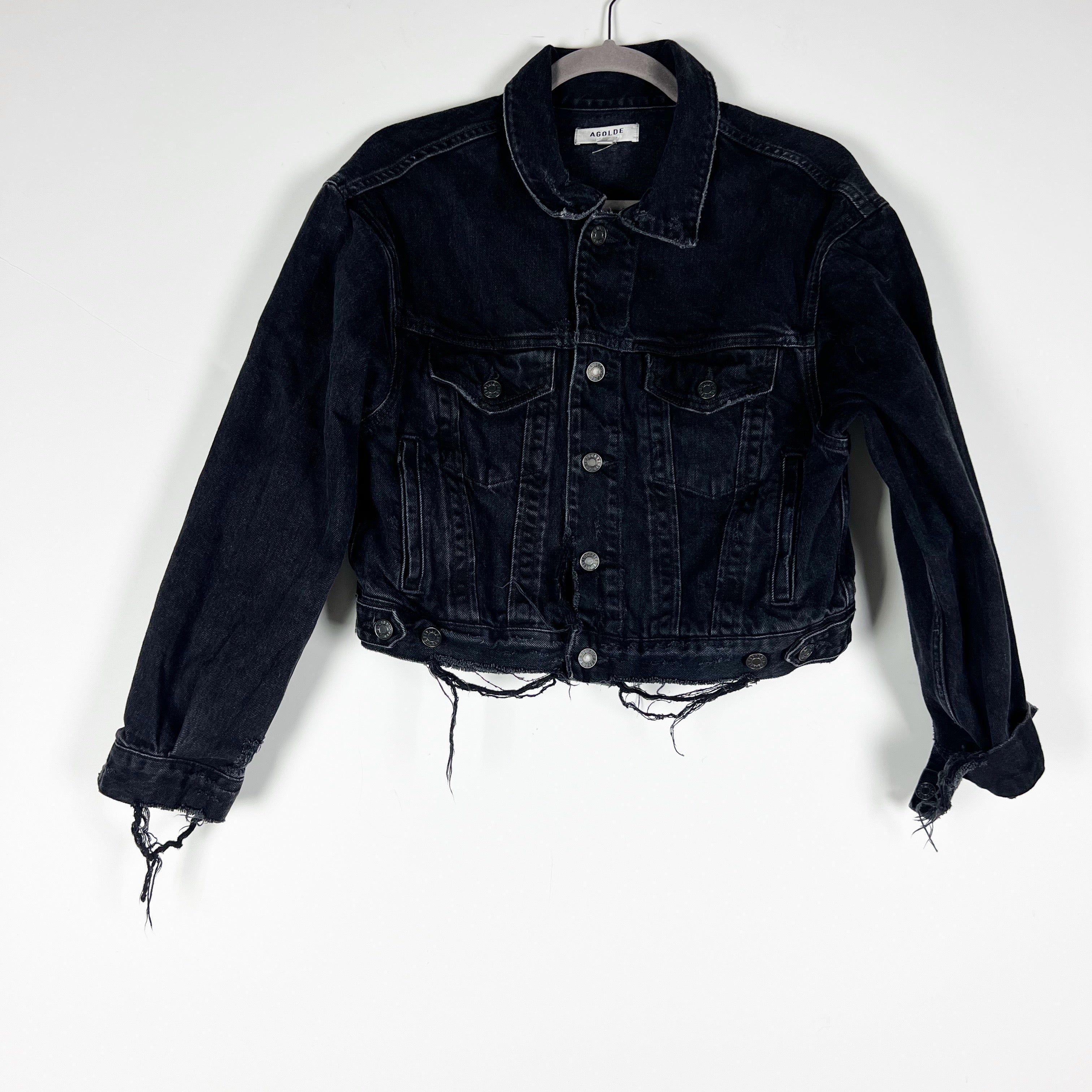 Agolde Denim Shrunken Charli Organic Cotton Distressed Jean Jacket Jagged Black