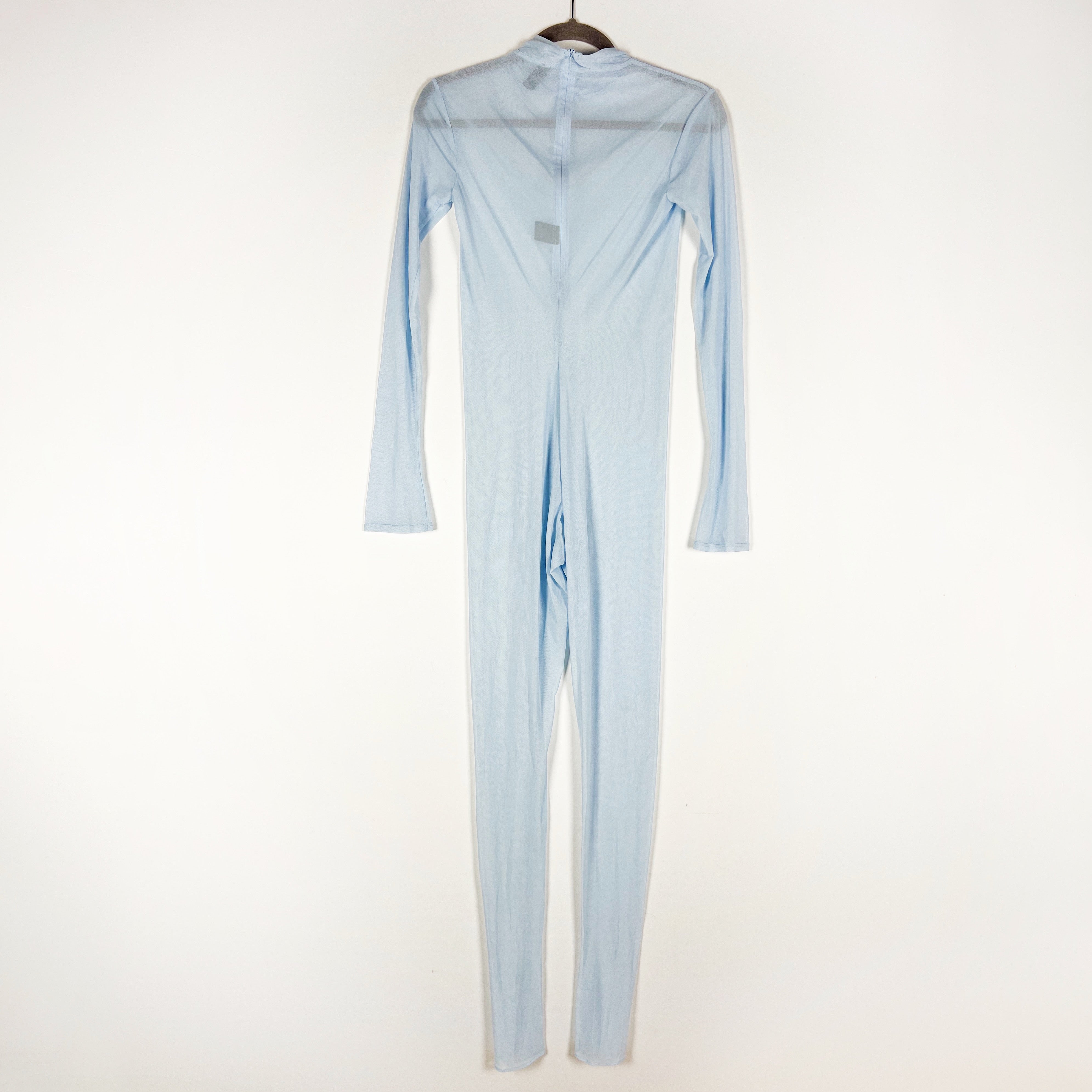 Lapointe Mesh Mock Neck Long Sleeve Full Length Semi Sheer Catsuit Light Indigo