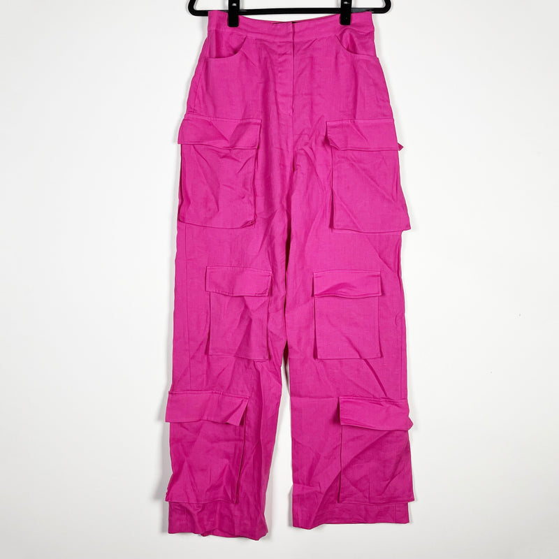 Selmacilek Wide Leg Cargo Multi Pocket High Rise Linen Fuchsia Pink Pant M