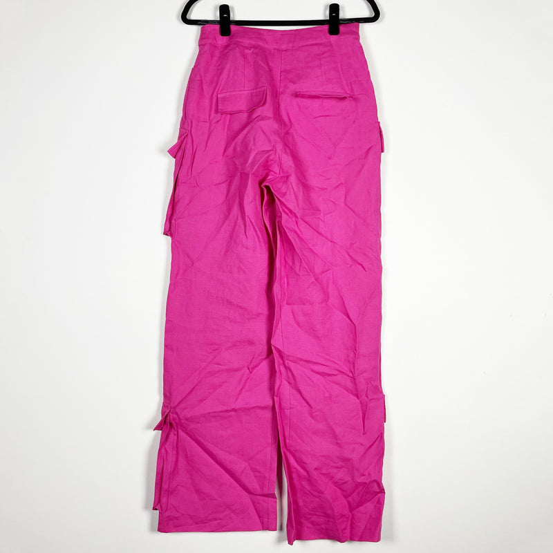 Selmacilek Wide Leg Cargo Multi Pocket High Rise Linen Fuchsia Pink Pant M