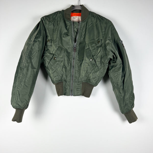 R13 Women's Nylon Water Resistant Full Zip Cropped Bomber Flight Jacket Green XS