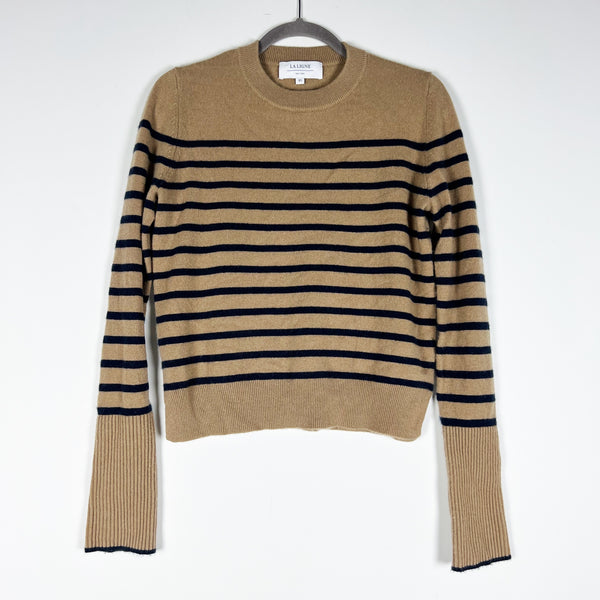 La Ligne Lean Lines Striped 100% Cashmere Knit Crew Neck Sweater Camel Navy XS