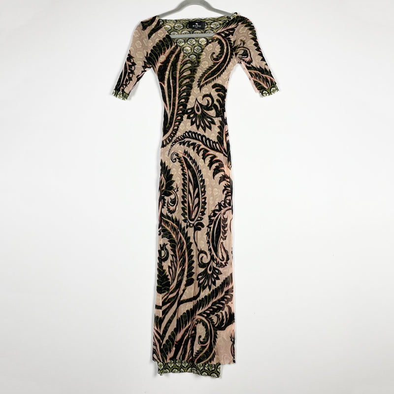 Etro Milano Made In Italy Paisley Printed V Neck Body Con Midi Mesh Dress 38/2