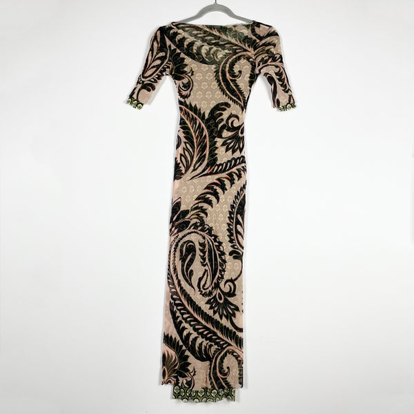 Etro Milano Made In Italy Paisley Printed V Neck Body Con Midi Mesh Dress 38/2