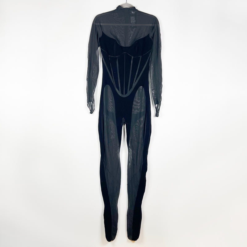 Wolford x Mugler Flock Shaping Catsuit Velour Sheer Mesh Jumpsuit Jumper Black S