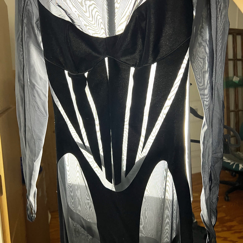Wolford x Mugler Flock Shaping Catsuit Velour Sheer Mesh Jumpsuit Jumper Black S