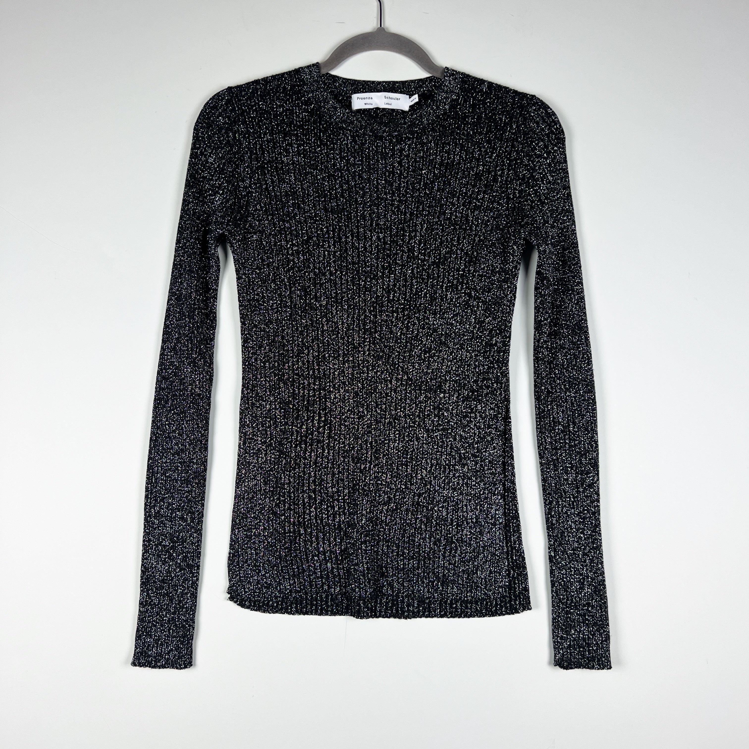 Proenza Schouler White Label Silver Metallic Rib Knit Stretch Pullover Sweater