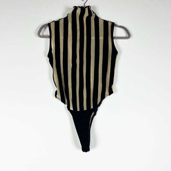 LaQuan Smith Velvet Velour Mesh Striped Sleeveless Mock Neck Bodysuit Blouse S