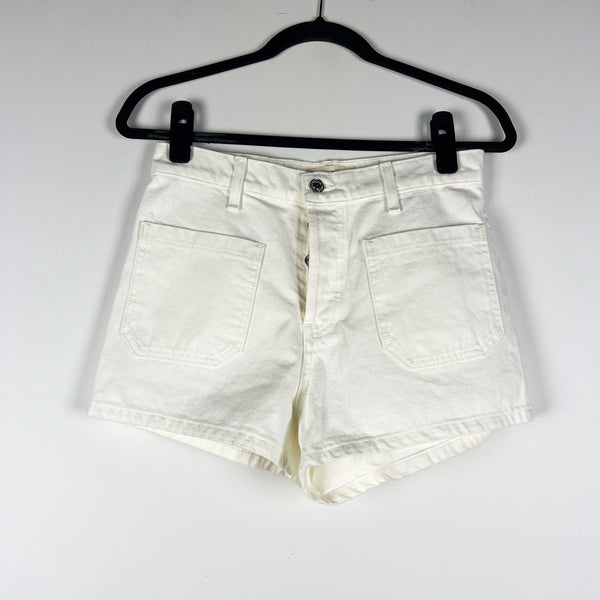 Nili Lotan Alodie Cotton High Rise Front Pocket Mini Denim Jean Shorts Cream 27