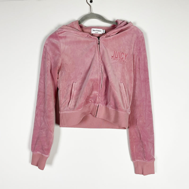 Juicy Couture Velvet Velour Logo Embroidered Full Zip Hoodie Jacket Dusty Pink