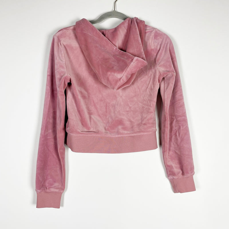 Juicy Couture Velvet Velour Logo Embroidered Full Zip Hoodie Jacket Dusty Pink