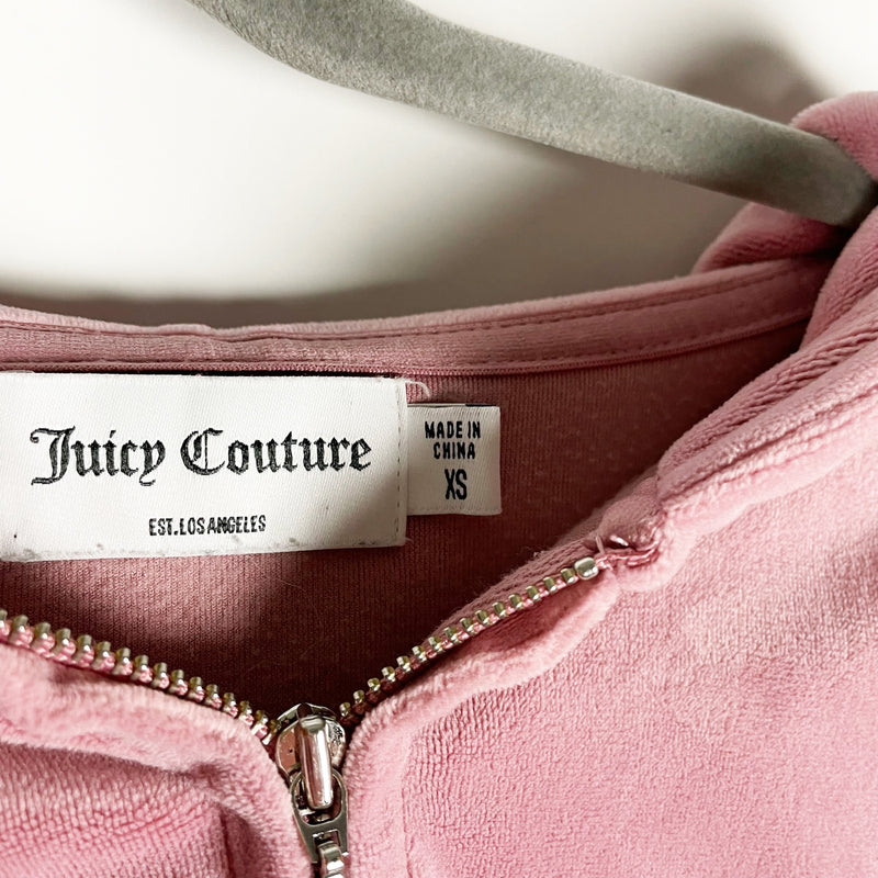 Juicy Couture Velvet Velour Logo Embroidered Full Zip Hoodie Jacket Dusty Pink