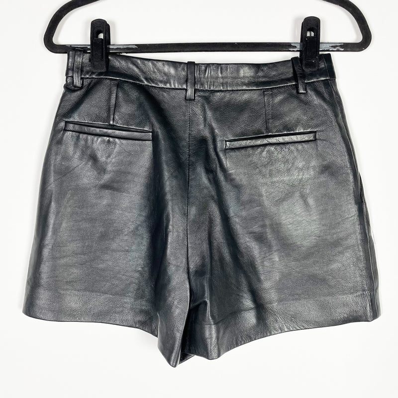 Nili Lotan Cassie Genuine Leather Front Pleated Pull On Mini Shorts Black 6