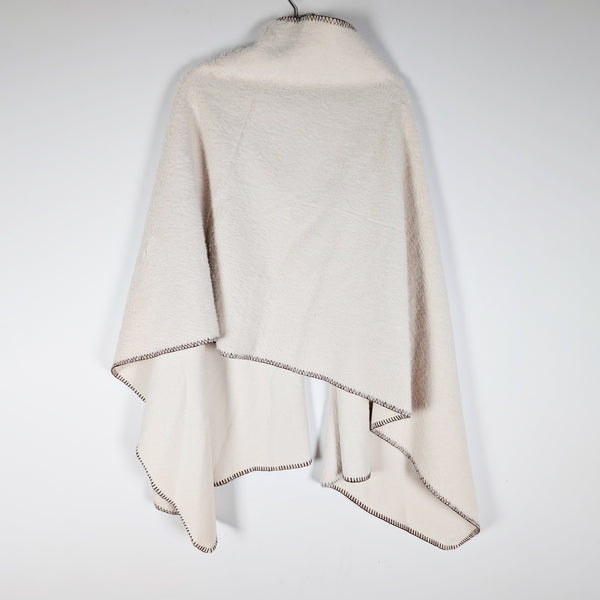 Zara Fuzzy Sherpa Faux Vegan Leather Buckle Open Front Cape Wrap Shawl Ivory