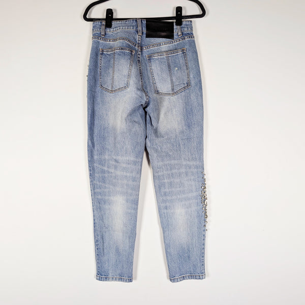 Hellessy Yang Crystal Rhinestone Jewel Embellished Cropped Jeans In Medium Wash