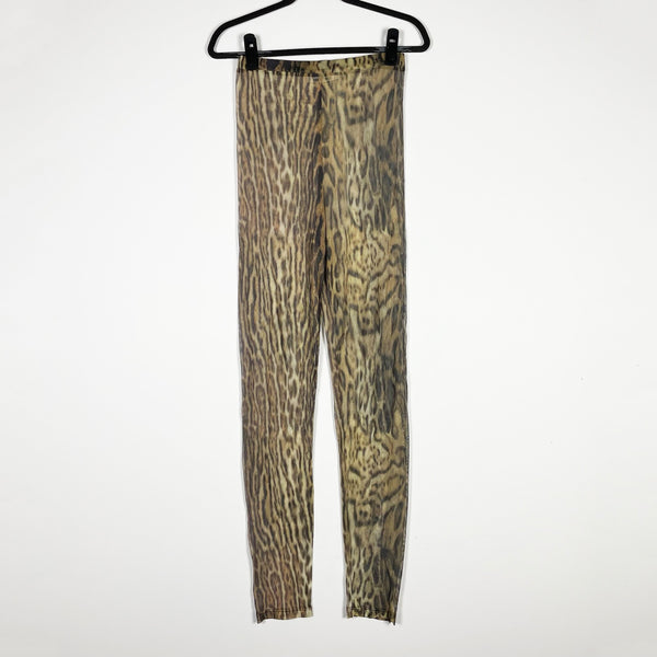 Roberto Cavalli Leopard Cheetah Animal Print Pattern Sheer Mesh Leggings Natural