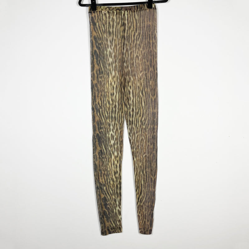 Roberto Cavalli Leopard Cheetah Animal Print Pattern Sheer Mesh Leggings Natural