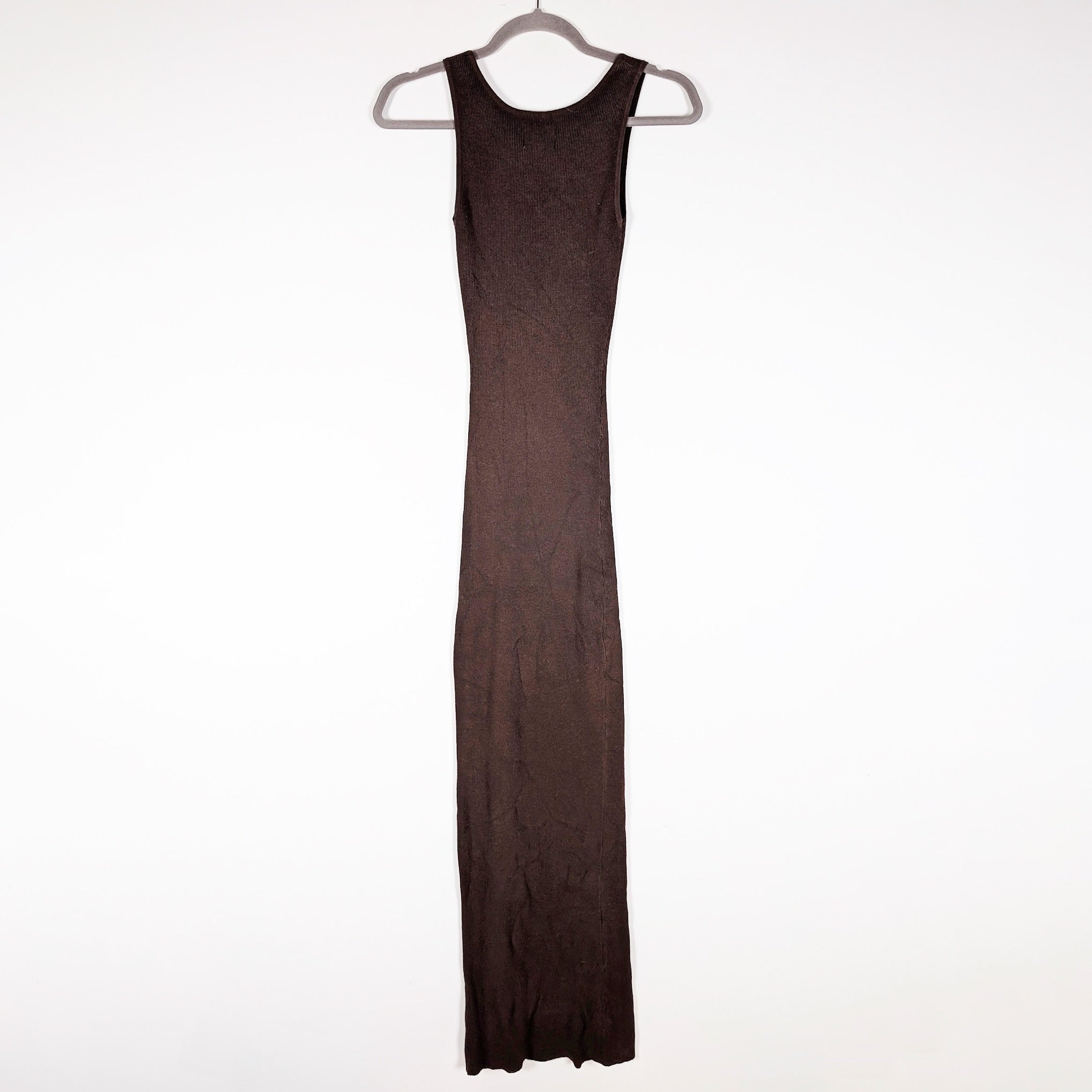 Aexae Ribbed Scoop Neck Sleeveless Knit Stretch Tank Maxi Dress Brown Small