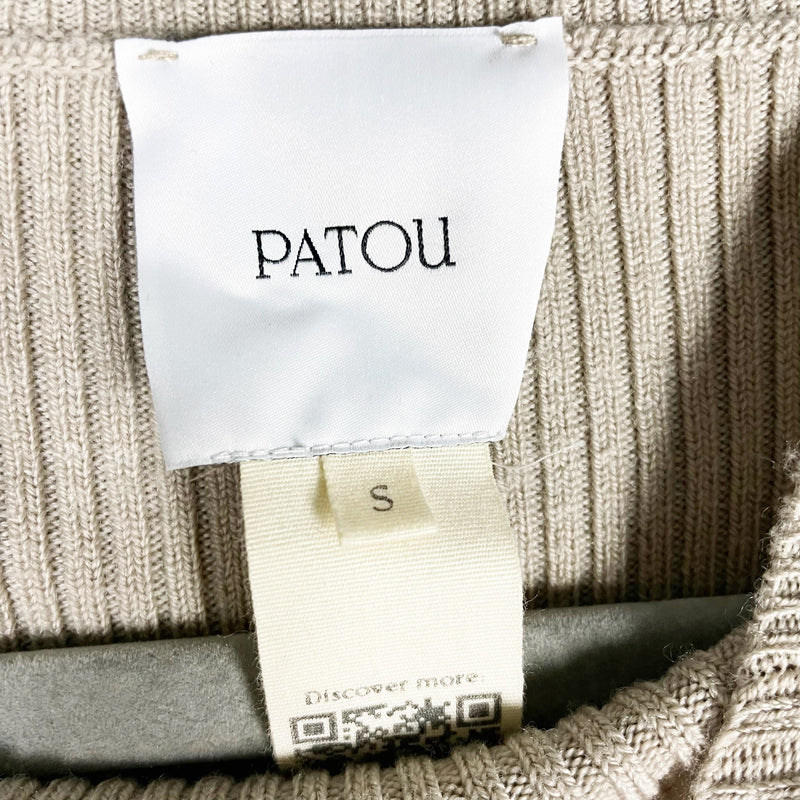 Patou Signature Rib Jumper Merino Wool Knit Stretch Mock Neck Sweater Parchment