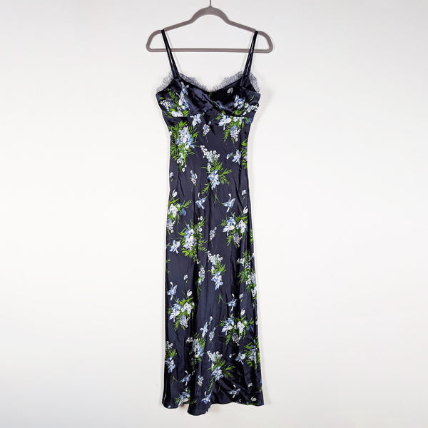 Veronica Beard Bixie Silk Satin Stretch Lace Trim Tank Slip Dress Blue Floral 2