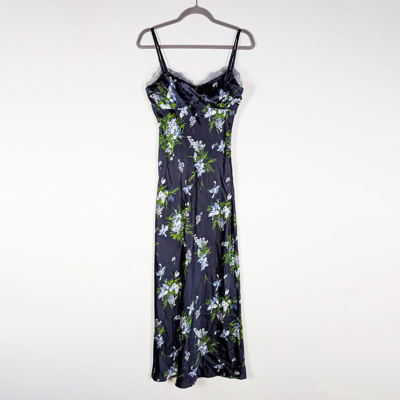 Veronica Beard Bixie Silk Satin Stretch Lace Trim Tank Slip Dress Blue Floral 2