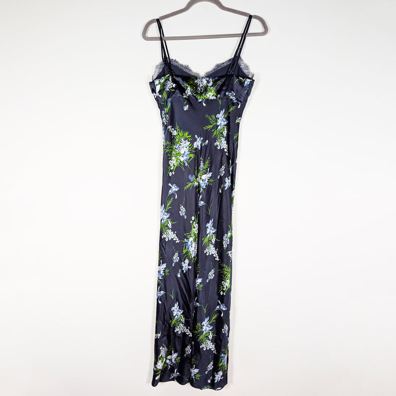 Veronica Beard Bixie Silk Satin Stretch Lace Trim Tank Slip Dress Blue Floral 2