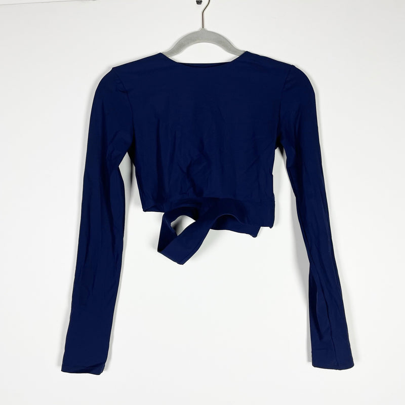 ALIX NYC Xenia Crew Neck Long Sleeve Stretch Cut Out Crop Top Navy Blue Small