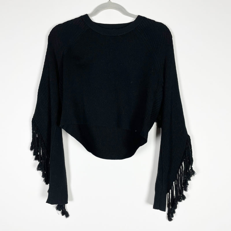 Jonathan Simkhai Hannah Draped Fringe Wool Ribbed Knit Cropped Sweater Black XS