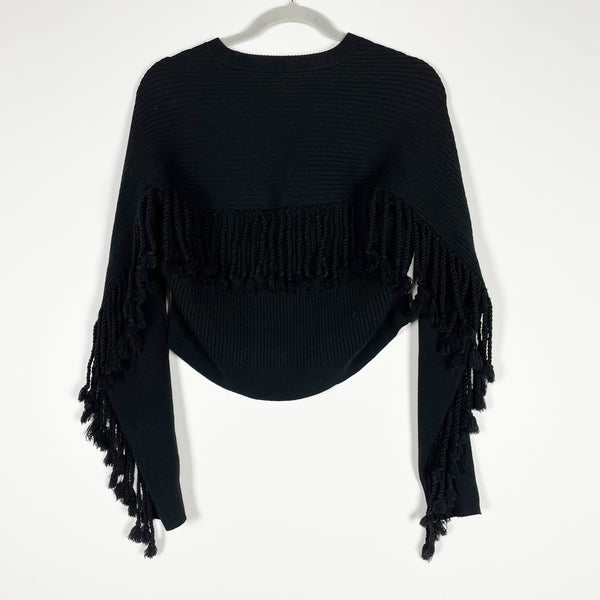 Jonathan Simkhai Hannah Draped Fringe Wool Ribbed Knit Cropped Sweater Black XS