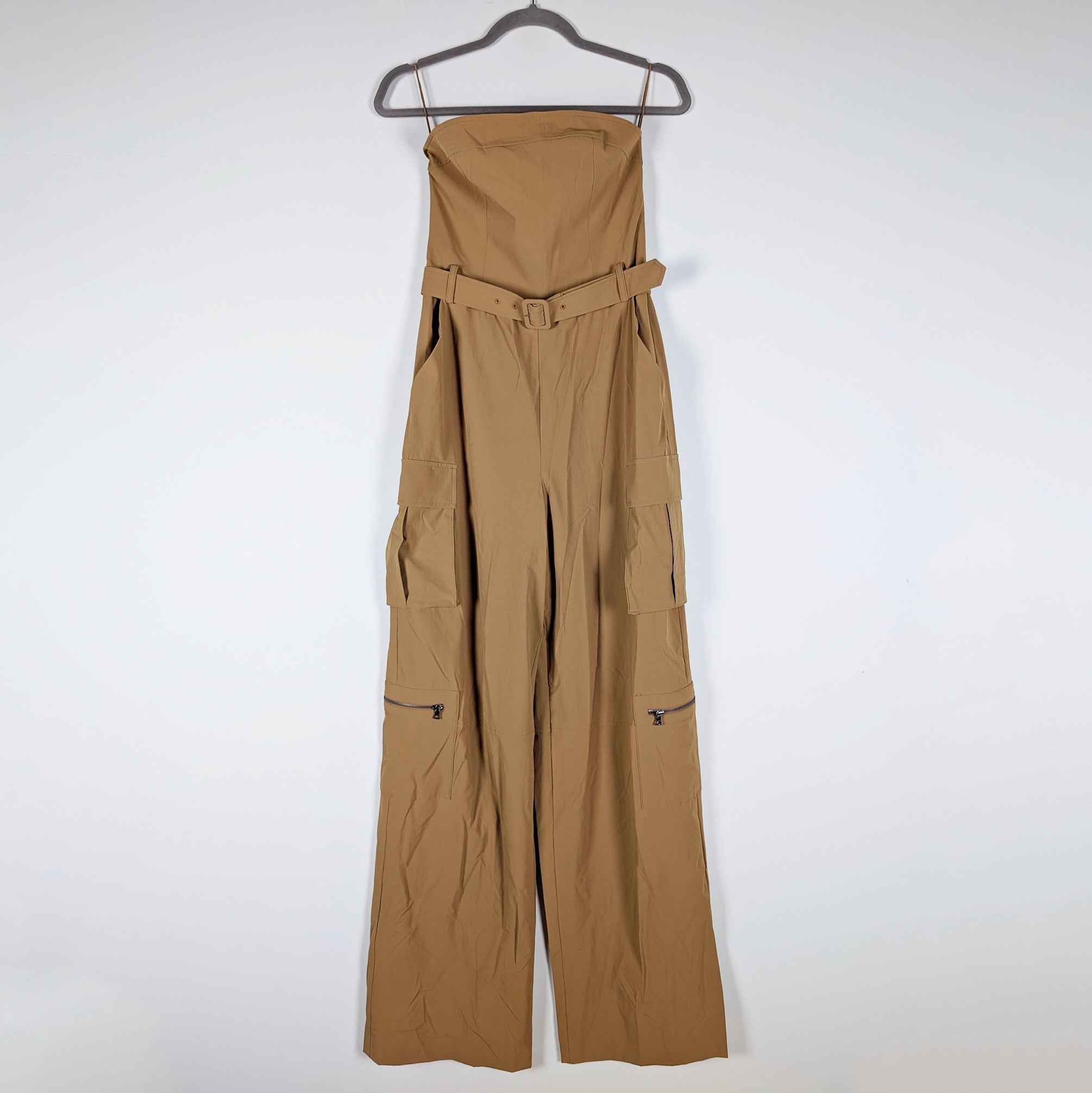 Alice + Olivia Sachiko Strapless Cargo Utility Multi Pocket Jumpsuit Jumper Tan