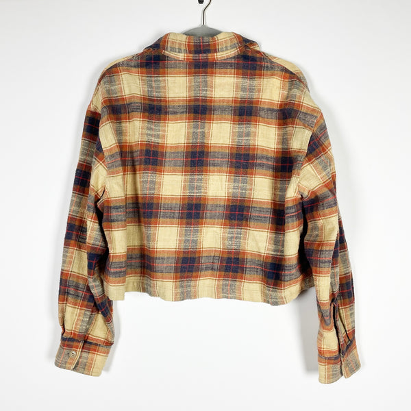 R13 Oversized Cropped Japanese Fabric Enzyme Wash Beige Plaid Collar Shirt Top S