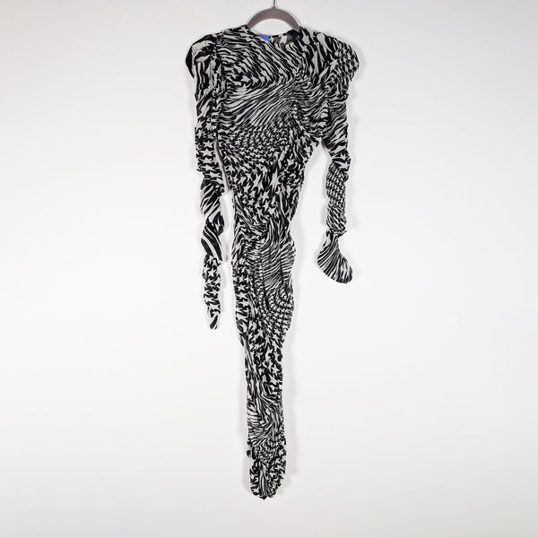 Mugler Star Print Pattern Black &amp; Ivory Mesh Ruched Long Sleeve Midi Dress 6