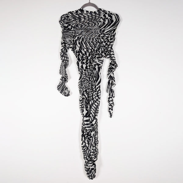 Mugler Star Print Pattern Black &amp; Ivory Mesh Ruched Long Sleeve Midi Dress 6