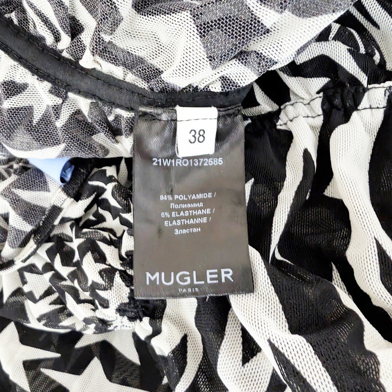 Mugler Star Print Pattern Black &amp; Ivory Mesh Ruched Long Sleeve Midi Dress 6