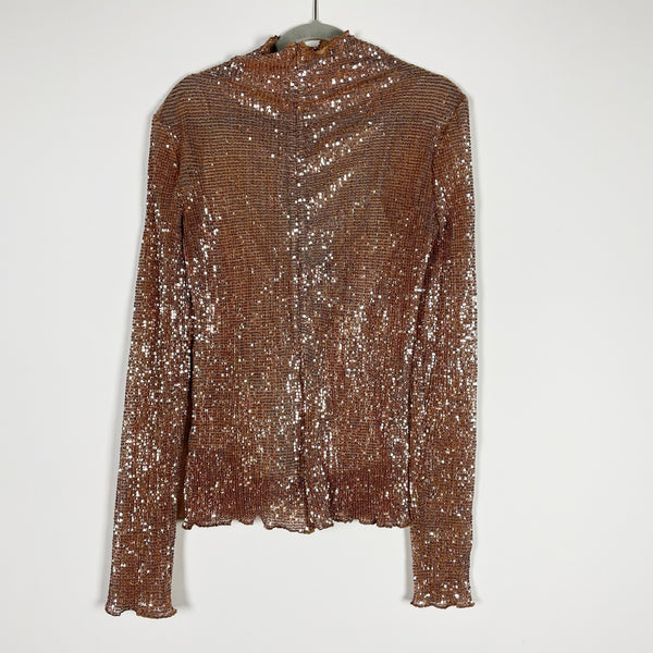 Rosetta Getty Sequined Sparkle Embellished Long Sleeve Mock Neck Blouse Shirt XS