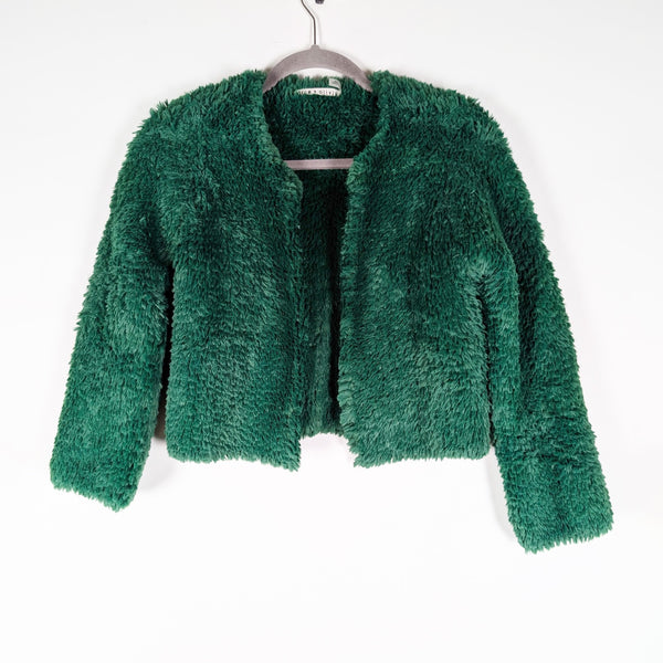 Alice + Olivia Fawn Faux Fur Open Front Semi Cropped Ultra Soft Jacket Emerald S
