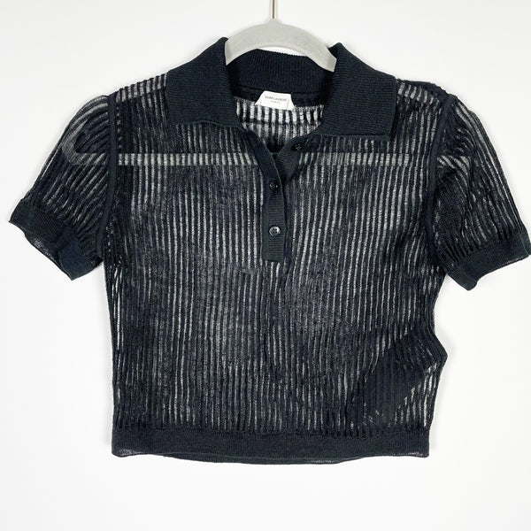 Saint Laurent Linen Silk Semi Sheer Ribbed Short Sleeve Cropped Polo Shirt Black